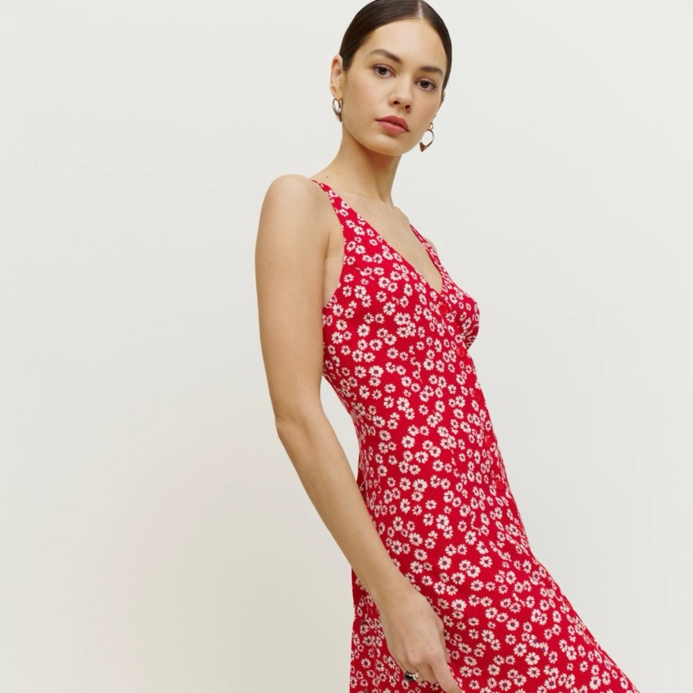 Reformation Red Floral Midi Button Down Dress